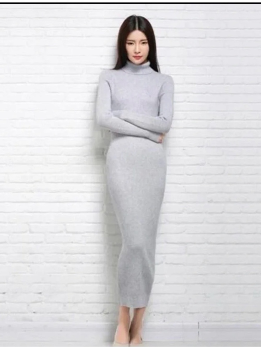 Turtleneck Maxi Knit Sweater Dress - Beige